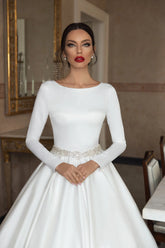 LORIE Satin Wedding Dresses A Line Long Sleeve Muslim Style Bride Dress Elegant Classic Modest Bride Wedding Gowns